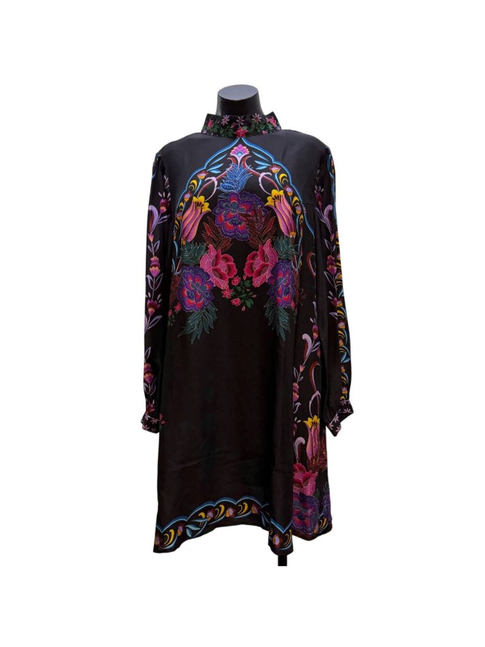 Jade Black Floral High-Neck Long-Sleeve Dress Multi-Color L